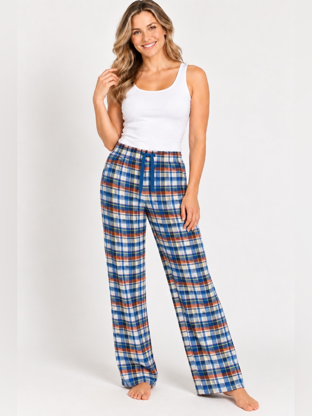 DKR Apparel Cotton Lounge Pants-Blue/White/Orange Plaid